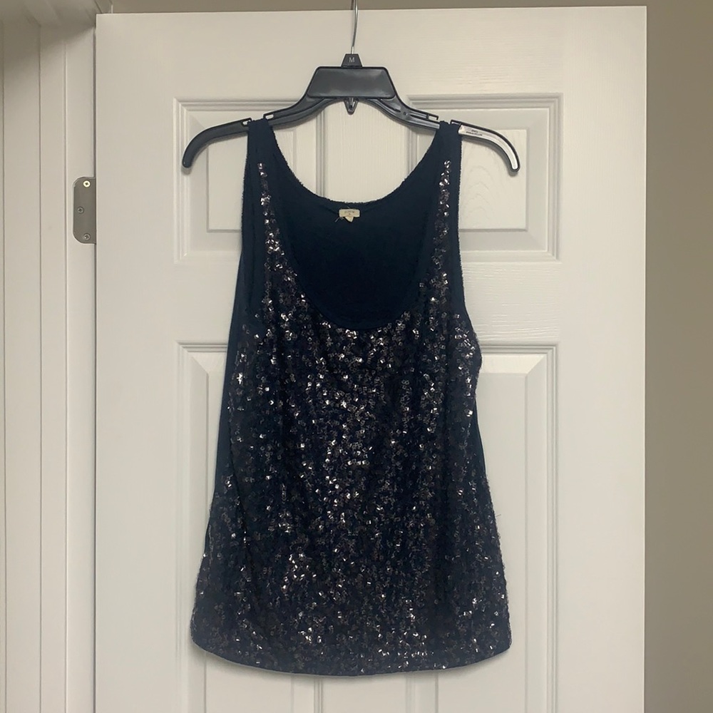 JCrew navy sequined tank top, so flattering!